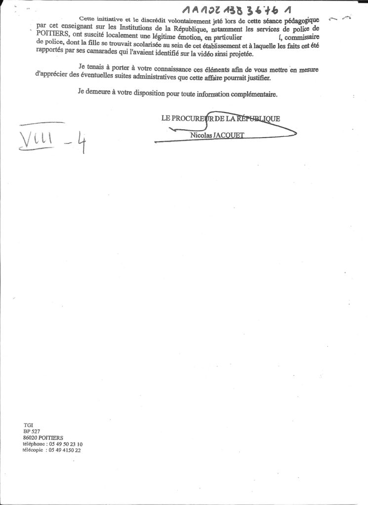 Lettre du procureur au recteur du novembre Jean François Chazerans